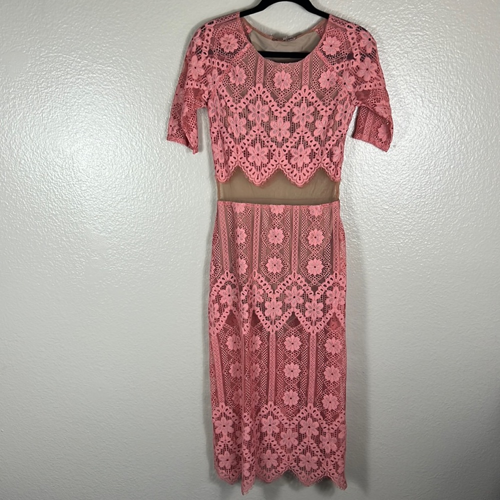 For Love and Lemons Lace Illusion Pink Midi Dress - Picture 3 of 10